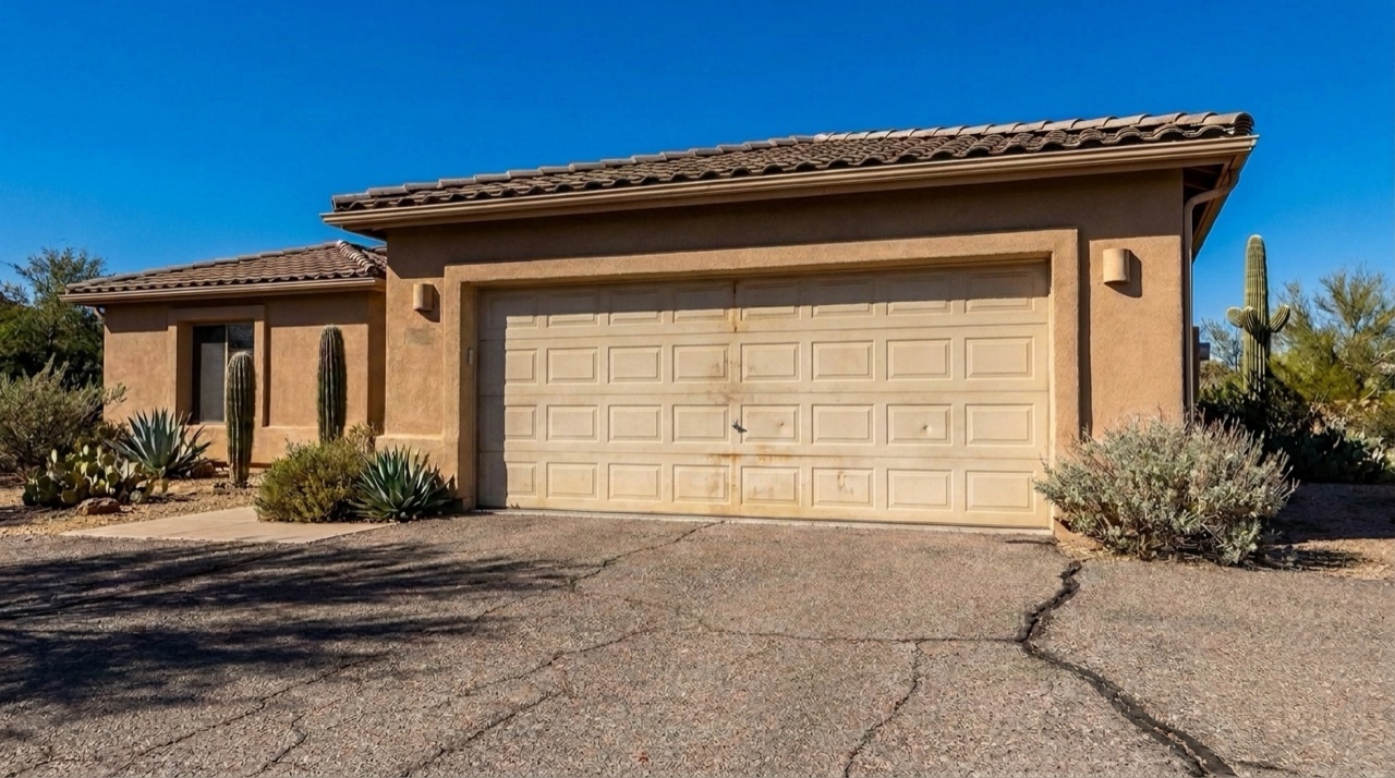 Faded, dented garage door on a Tucson home — before replacement